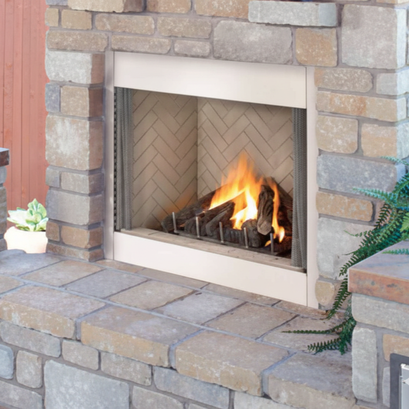 Outdoor gas fireplace with a stone surround, outdoor fireplace repair in Everett
