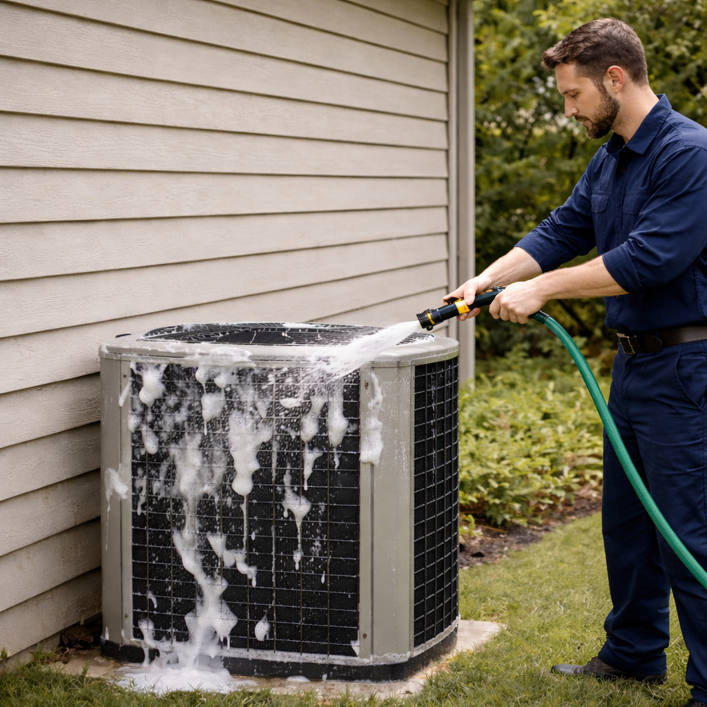 Technician washing an AC condenser coil, AC repair in Everett
