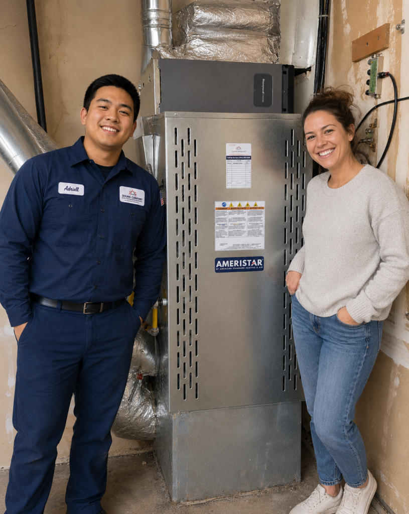 Sound Comfort Heating technician and homeowner beside a furnace, furnace repair in Marysville