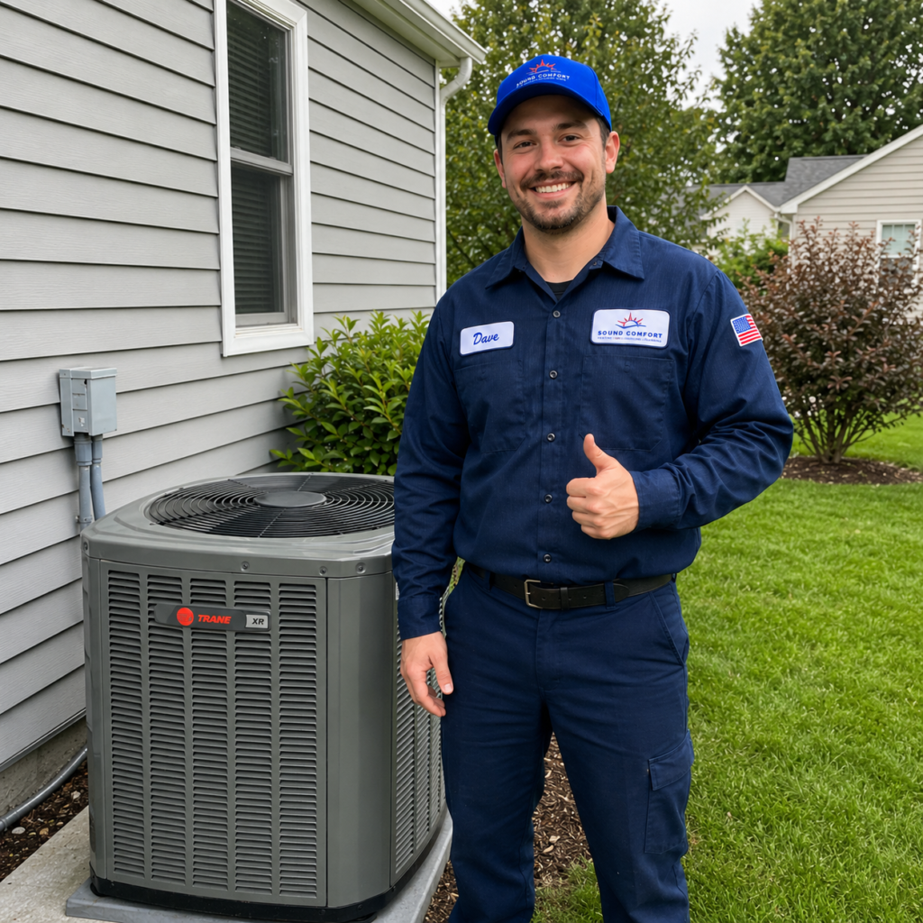 Sound Comfort Heating technician next to an outdoor AC unit in Snohomish County