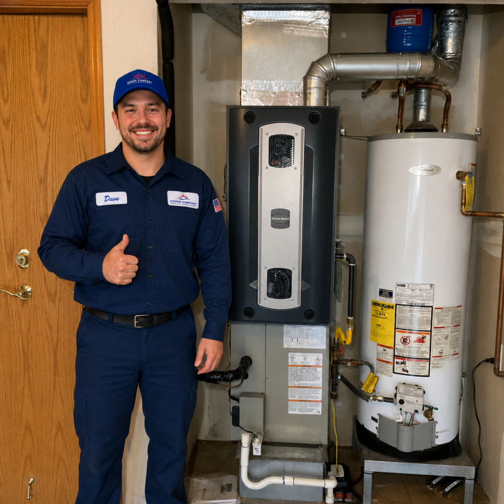 Sound Comfort Heating technician beside a serviced furnace and water heater in Snohomish County