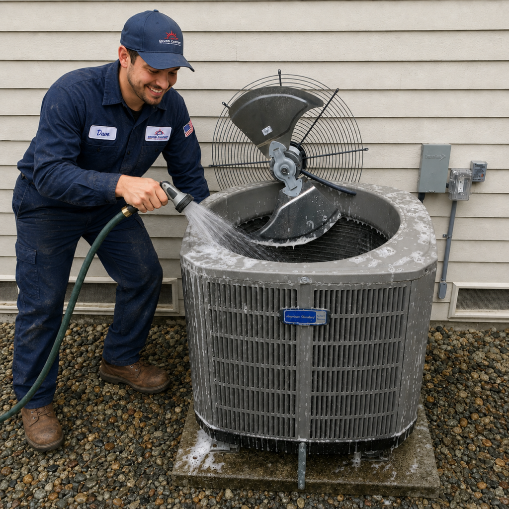 Technician cleaning an AC condenser coil during an AC repair in Snohomish County