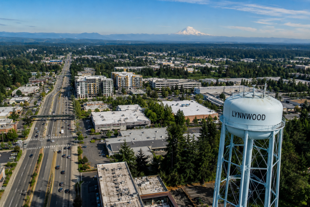 Aerial view of Lynnwood, WA and its water tower, AC repair in Lynnwood