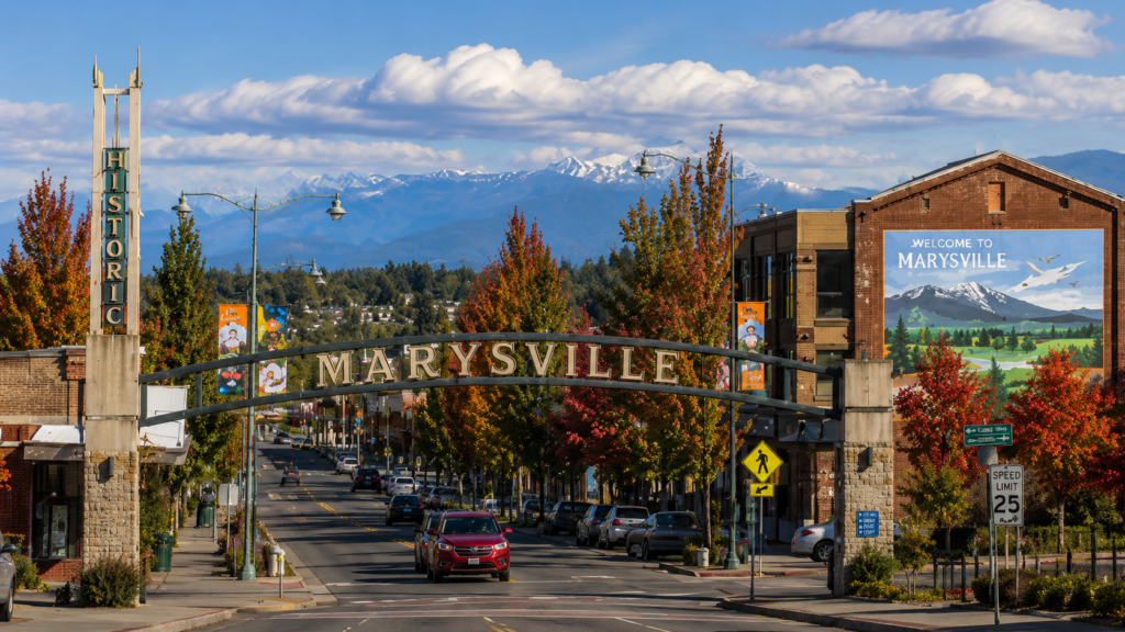 Downtown Marysville, Washington, with the Marysville arch sign