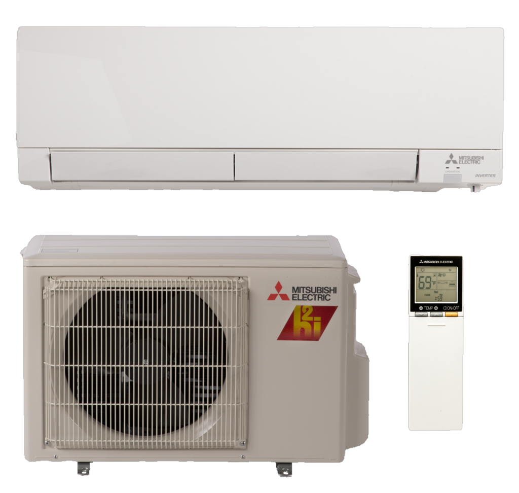 Mitsubishi Electric ductless mini-split with indoor unit, outdoor unit and remote