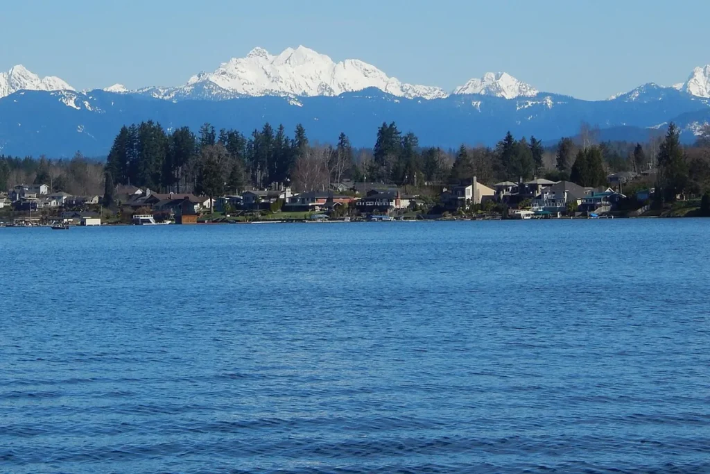 Lake Stevens, WA seen from Wyatt Park with the snow-capped Cascades behind, home of Sound Comfort Heating